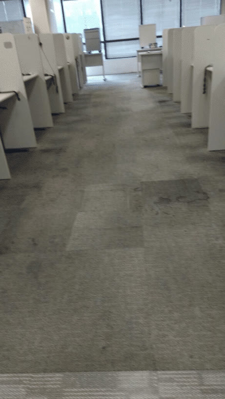 Carpete corporativo antes da limpeza profissional, com manchas visíveis